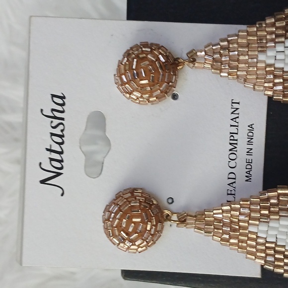 NWT Natasha Couture Gold/Brown White Beaded Fringe Boho Festival Earrings - Picture 3 of 13